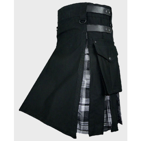 Black Cotton With Black Watch Tartan Hybrid Kilt for Men