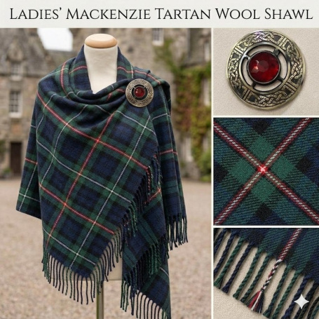 Mackenzie Tartan Wool Shawl with Celtic Brooch