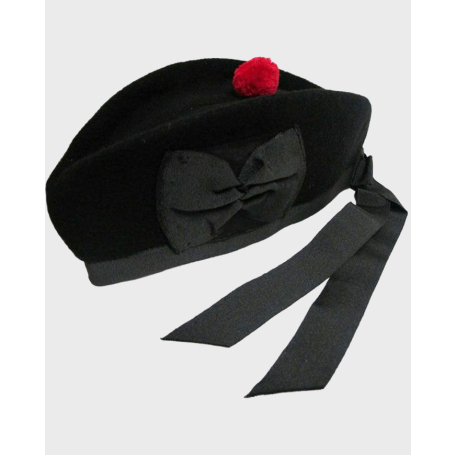 Pure Wool Black Scottish Hat With Red Pom