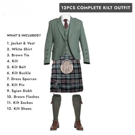Scottish Wedding Kilt Outfit 12pcs Lovat Green Jacket Men’s Kilt Set