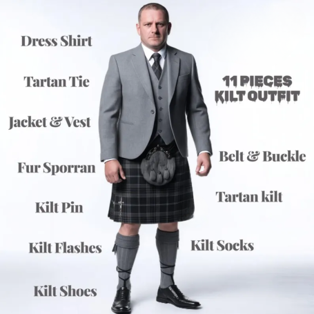 Scottish Men’s 11pc Light Grey Kilt Outfit