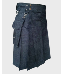 Blue Indigo Denim Kilt With Detachable Pockets,,