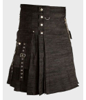 Men Gothic Black Denim Kilt With Cargo Pockets
