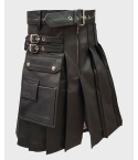 Men Pure Black Leather Gladiator Pleated Utility Larp Kilt 