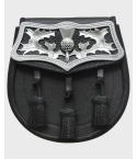 Pure Black Leather Large Thistle Plate Sporran With Free Chain
